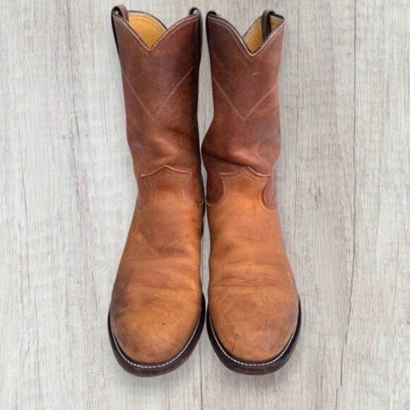 Justin Western Cowboy Boots Tan Brown Leather Pull-On Mens Size 10.5B Style 3408 - Picture 4 of 7